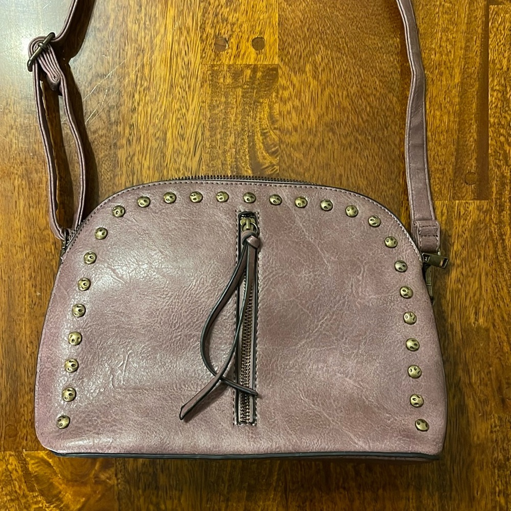Purse, brown, semi circle top with studs